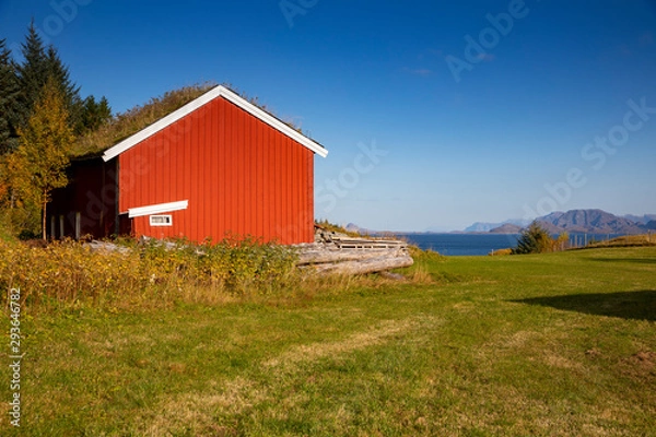 Fototapeta Oldred  barn on Sør Kvaløy in Sømna Municipality, Northern Norway
