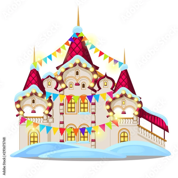 Fototapeta Fairytale castle festively decorated with garlands and multicolored flags isolated on white background. Sketch of Christmas festive poster, party invitation, holiday card. Vector cartoon close-up.