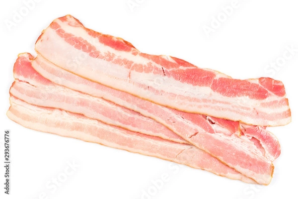 Fototapeta Rasher or smoked sliced bacon ready for cooking. Four pieces of pork belly, isolated on a white background, close-up.