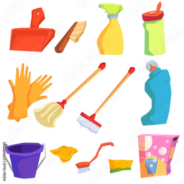 Obraz Cartoon cleaning tools. Set of objects for cleaning.