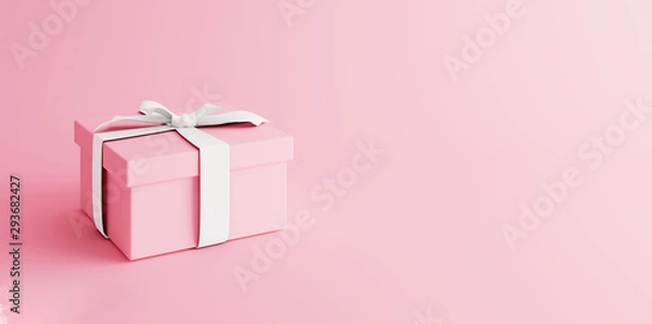 Fototapeta Mock-up poster, gentle millennial pink colored gift box with white bow on light pink background, 3D Render, 3D Illustration