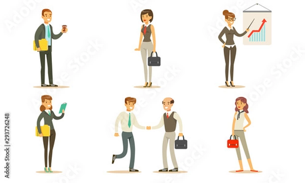 Fototapeta Business People Working in Office Set, Male and Female Managers or Employees Characters, Busineepeople Making Presentation, Handshaking Vector Illustration