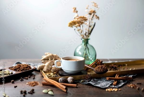 Obraz chai tea spices, chai tea latte with ginger root, cinnamon, cardamom pods, star anise, whole nutmeg, peppercorns, whole cloves on golden tray, grey cloth napkin on wooden table, copyspace, copy space