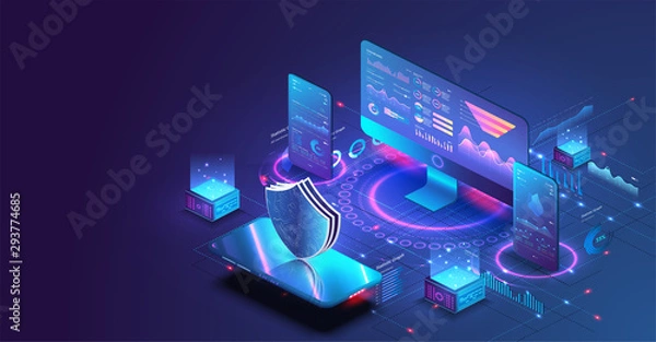 Fototapeta Application of pc and smartphone with business graph and analytics data. Isometric vector illustration of digital protection mechanism, system privacy. Data secure. Digital money market, investment