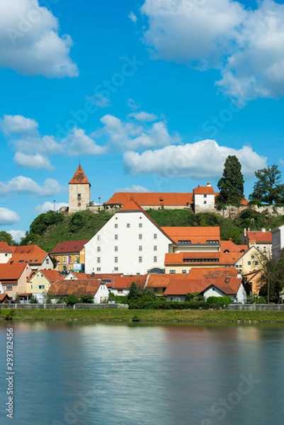 Obraz Ptuj Castle on Hill top and River Drava in Slovenia
