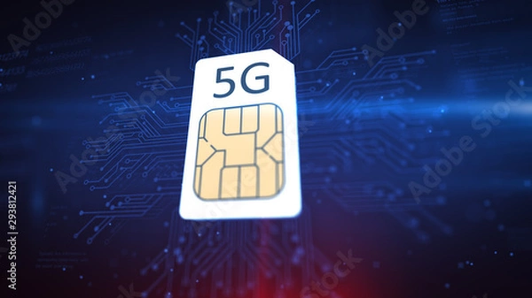 Fototapeta 5G Sim card Concept on a Cyber Background. 5th generation of mobile communication.