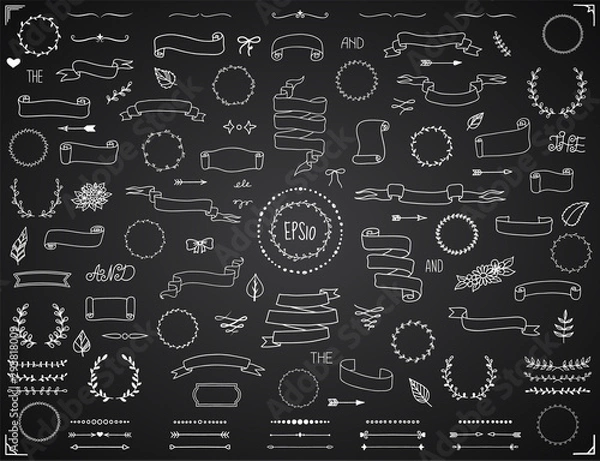 Fototapeta Hand drawn scrolls and banners big collection of decorative elements in vintage style. Vector eps10
