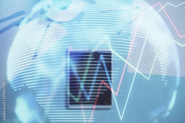 Obraz Double exposure of forex chart and world map on digital tablet laying on table background. Concept of market analysis