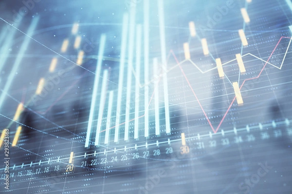 Fototapeta Stock market chart with trading desk bank office interior on background. Double exposure. Concept of financial analysis