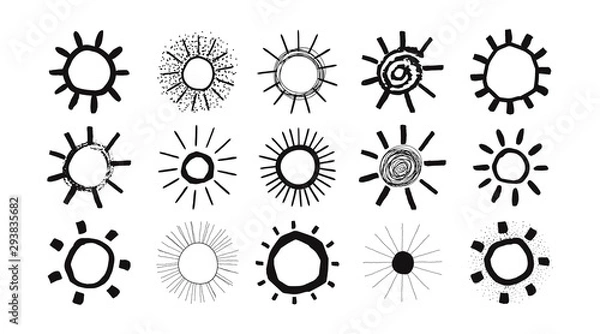 Fototapeta Set of black and white suns in hand drawn style isolated on white background. Collection Suns icon. Vector.