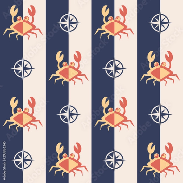 Fototapeta Nautical pattern, Seamless vector illustration with abstract crabs and roses of wind