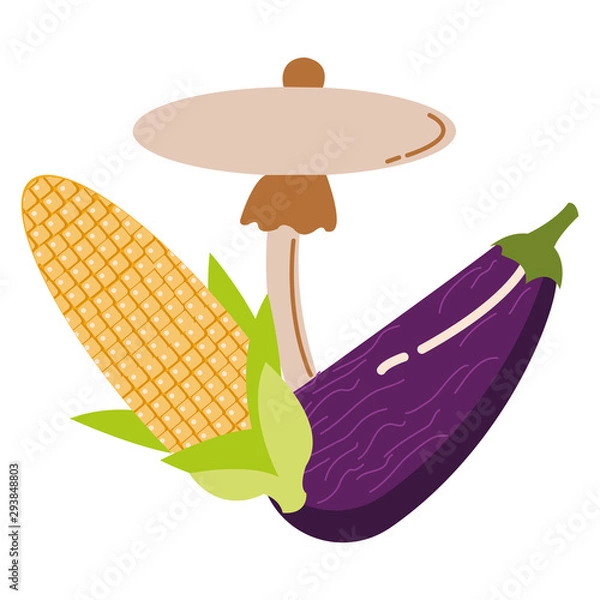 Fototapeta corn with fungus and eggplant autumn vegetables