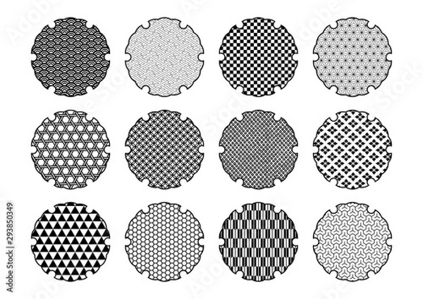 Fototapeta 雪輪文様と伝統文様のイラストセット（黒）