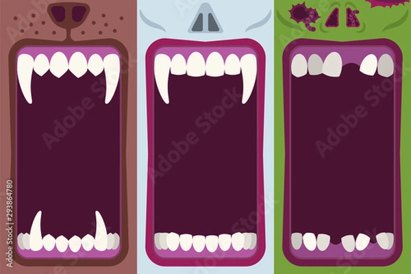 Fototapeta Halloween banners set with opening mouths ready to bite of werewolf, vampire and zombie in flat cartoon style