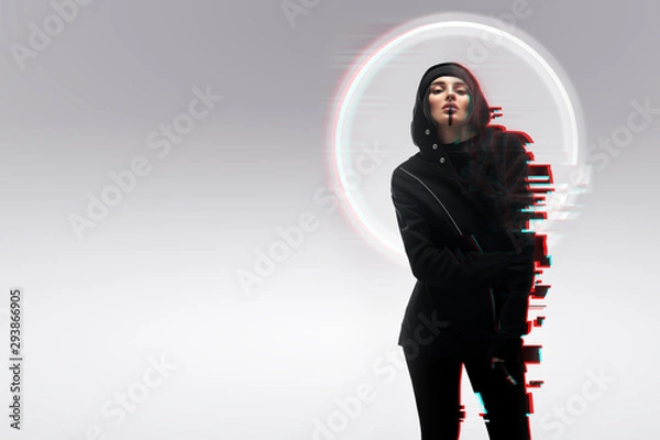 Fototapeta Beautiful girl with neon hologram glitch effect