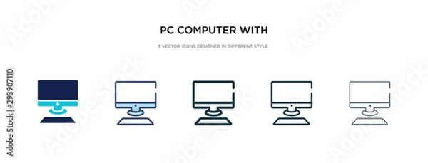Fototapeta komputer pc z ikoną monitora w innym stylu ilustracji wektorowych. dwa kolorowe i czarne komputery pc z ikonami wektorów monitora zaprojektowanymi w stylu wypełnienia, konspektu, linii i obrysu