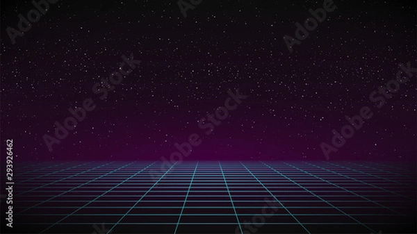 Obraz Synthwave background. Dark Retro futuristic backdrop with blue perspective grid. Purple glow in distance. Geometric template. 80s Retrowave style illustration with stars