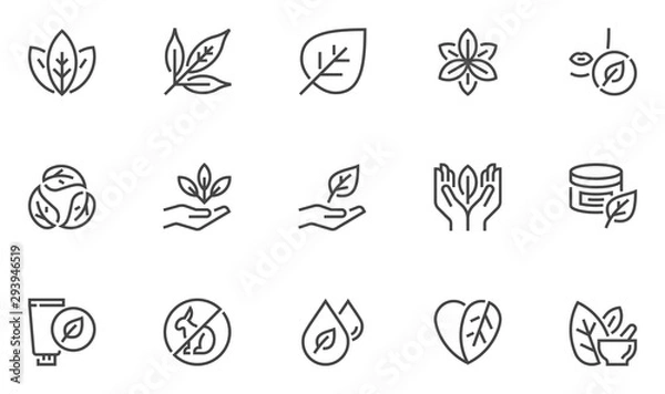 Obraz Kosmetyki naturalne i organiczne wektor zestaw ikon linii. Pielęgnacja skóry, bez syntetycznego zapachu i kolorów, bez testów na zwierzętach. Edytowalny skok. 48x48 pikseli Perfect.