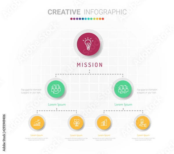 Fototapeta Flowchart, tree diagram or workflow chart with arrow-like elements. Concept of stages of business project. Modern infographic design template. Flat vector illustration for presentation, report.