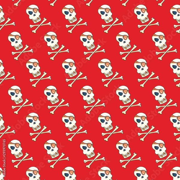 Fototapeta Jolly Roger with eyepatch logo template. Evil skull watercolor illustration. Seamless pattern on green background