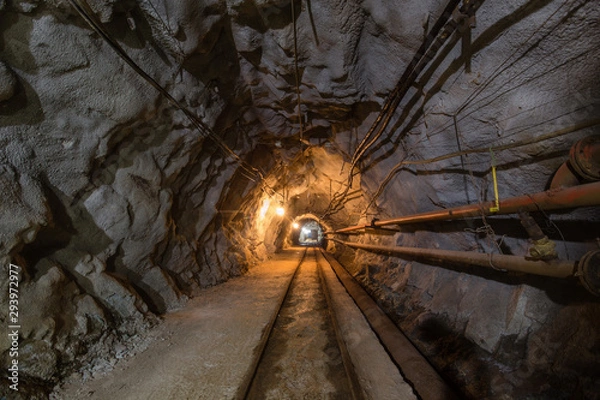 Fototapeta Gold mine ore shaft tunnel with rails