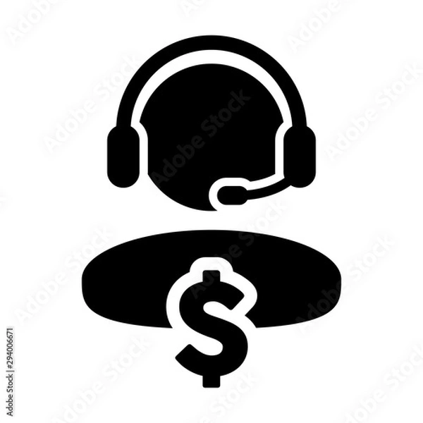 Fototapeta Money icon vector and dollar sign money symbol with male customer service person avatar symbol with headphone for banking and financial business support in a glyph pictogram illustration