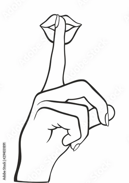 Fototapeta With finger on her lips, shows an index finger in front of her lips a asking for silence. Quiet please, shhh, w finger to nose making shush sound