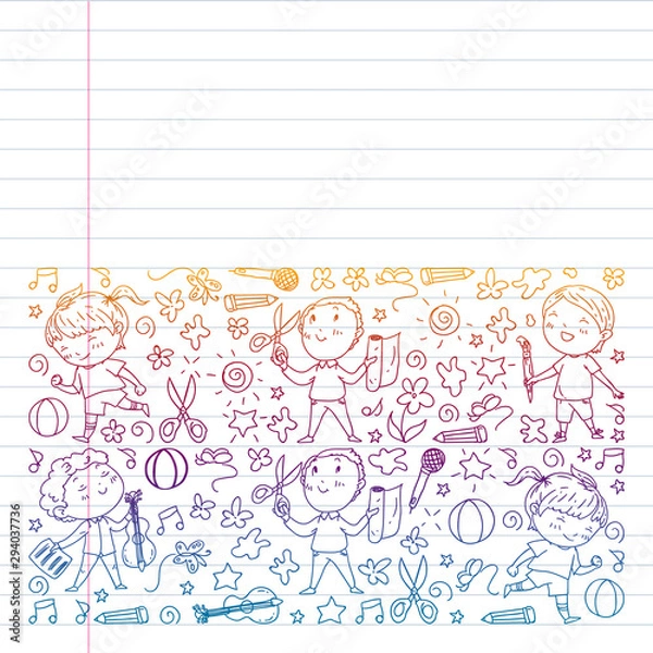 Fototapeta Creative kids dancing, sing, playing football, playing guitar, violin, making models from paper. Gradient drawing on exercise notebook.