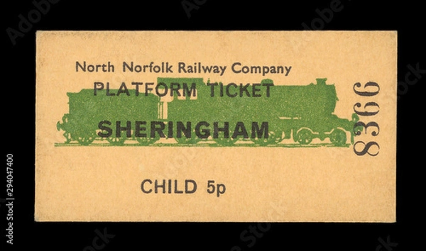 Obraz Fahrkarte Fahrschein Zug Bahn Train ticket Sheringham Platform ticket North Norfolk Railway Kind Child 5p England Eisenbahn grün beige 8366 Dampf Steam vintage retro