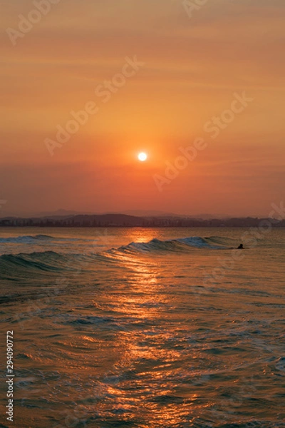 Fototapeta Surfer goes out to enjoy the waves during sunset at Snapper Rocks, Queensland, Australia.