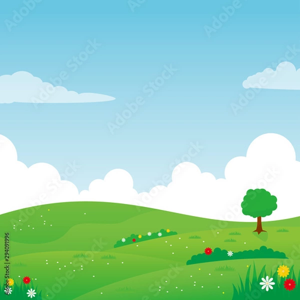 Fototapeta Nature landscape vector illustration, Green meadow vector illustration with some flower and tree