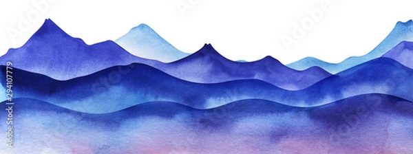Fototapeta Silhouette of watercolor mountains. Layered Light, violet and bright blue mountain ranges. Decorative border element for page design. Gradient from dark to pale. Hand drawn illustration