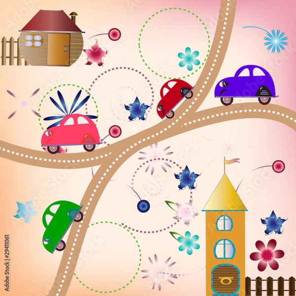 Obraz Road with color cars, children's style