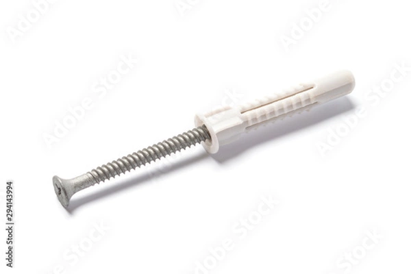 Obraz Plastic dowel and self-tapping screw on white background