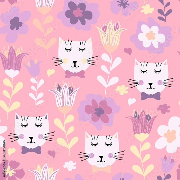 Fototapeta Seamless pattern with hand drawn cats and flowers. Seamless pattern with cute kittens and flowers in pastel colors. Creative childish texture in pastel colors, vector