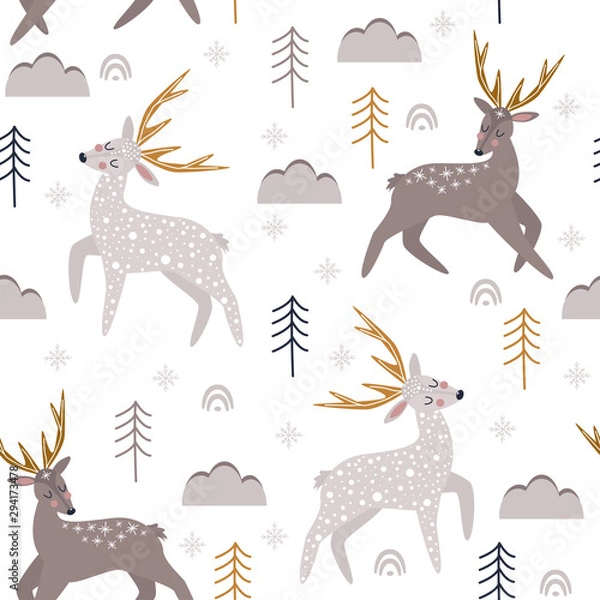 Obraz seamless pattern with christmas deers on white background - vector illustration, eps