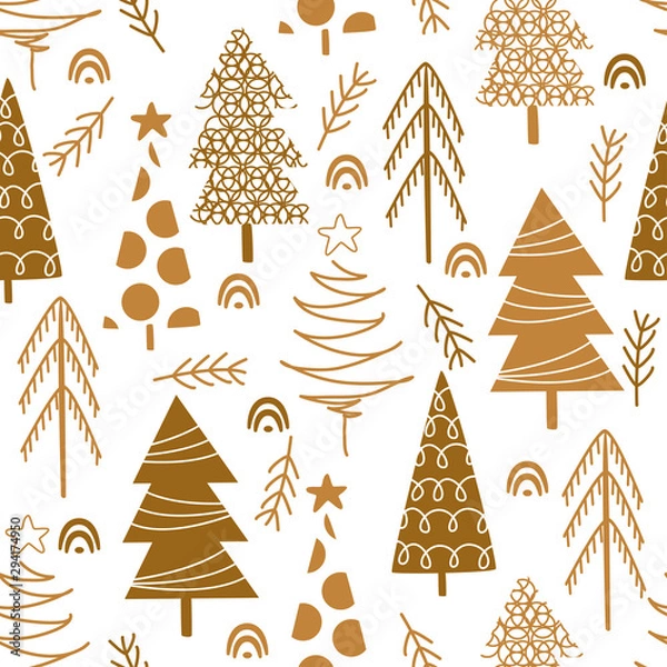 Fototapeta seamless pattern with gold christmas trees on white background - vector illustration, eps