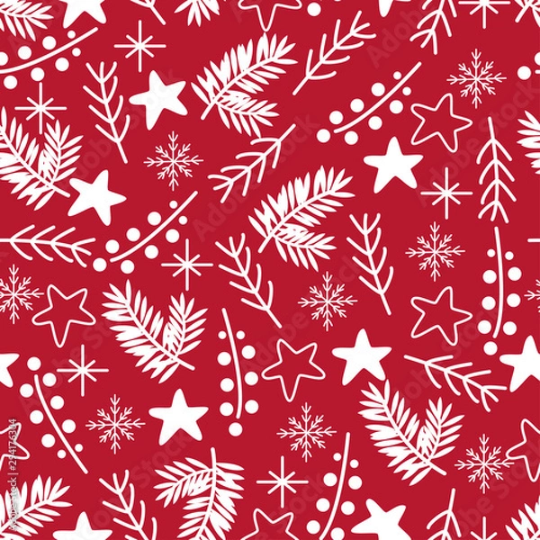 Obraz seamless pattern with white christmas elements on red background - vector illustration, eps