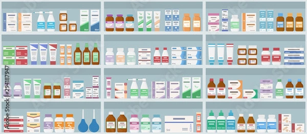 Obraz Półki apteczne z lekarstwami. Pojęcie farmacji i leków. Wzór. Ilustracji wektorowych.