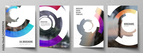 Obraz The vector layout of A4 format modern cover mockups design templates for brochure, magazine, flyer, report. Futuristic design circular pattern, circle elements forming geometric frame for photo.