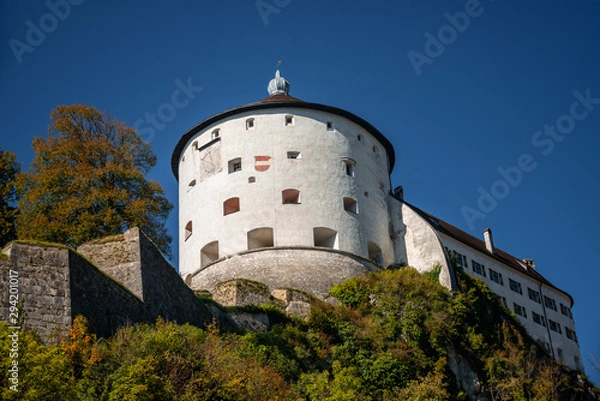 Fototapeta Kufstein fortress on a hilltop over river, Tyrol. The fortress dominated over the Inn river trade path in the Medieval era