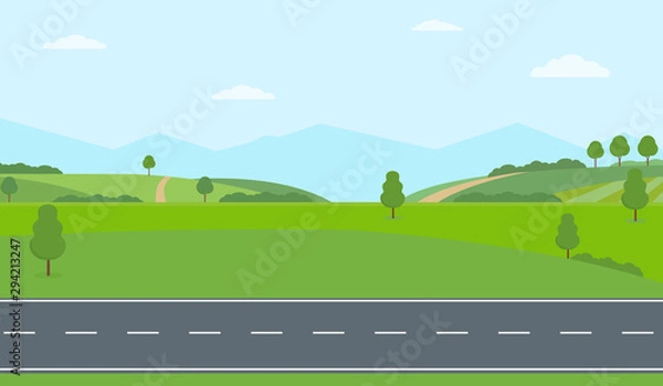 Fototapeta Straight empty road through the countryside. Green hills, blue sky, meadow and mountains. Summer landscape vector illustration.