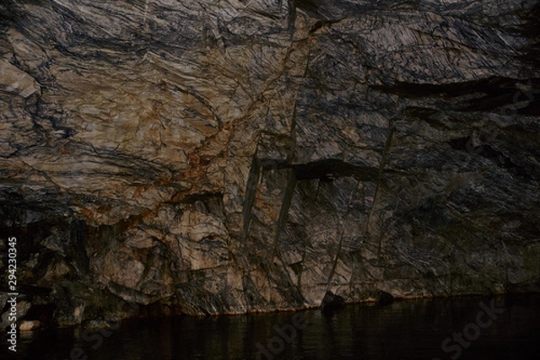 Obraz Underground Grotto Panorama.Types of a former underground marble quarry flooded with water. The massive arches of the grotto and the texture of natural marble are visible. Russia, Karelia, Ruskeala