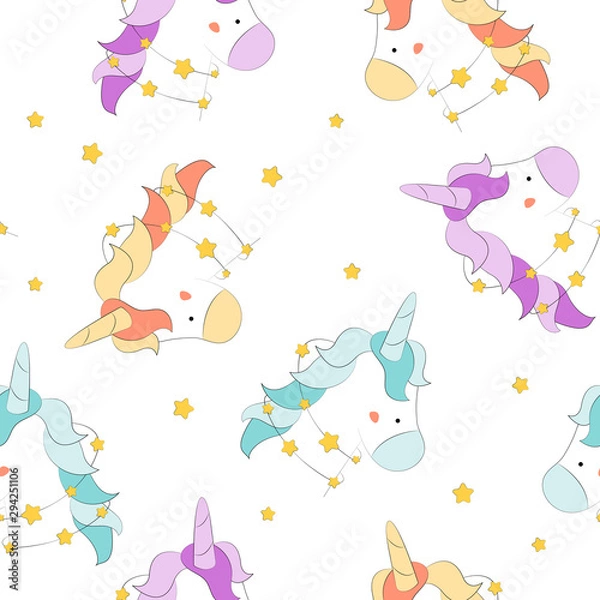 Fototapeta Seamless pattern with unicorns and stars. Art for children illustration, holiday packing.