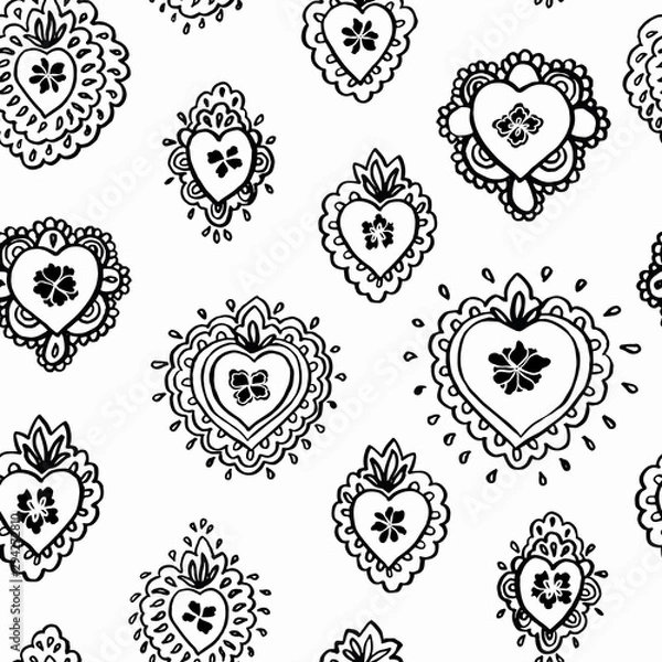 Fototapeta Line art seamless vector folk art burning heart pattern with black outline heart in doodle hand drawn style. Cozy and festive design for valentine, wedding, mothers day and your personal sweetheart.