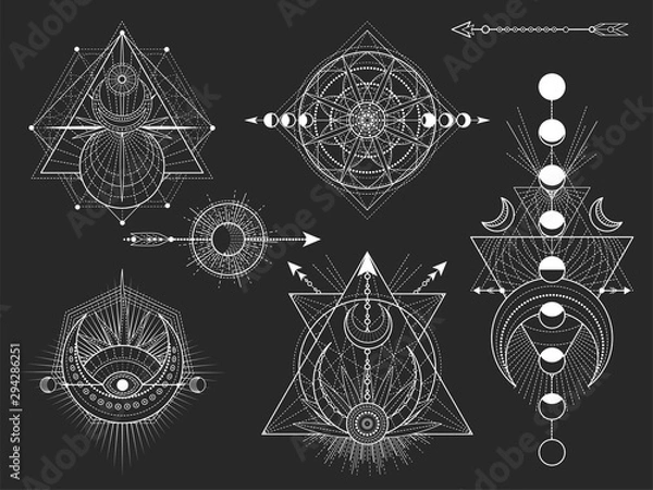 Fototapeta Vector set of Sacred geometric symbols and figures on black background. Abstract mystic signs collection.