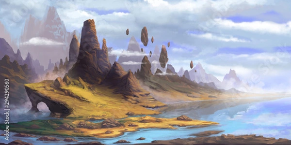 Fototapeta Góry. Naturalne tło fantasy. Art Concept. Realistyczna ilustracja. Grafika cyfrowa do gier komputerowych. Krajobrazy.