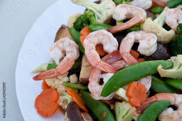 Obraz Fried mixed vegetables with shrimp