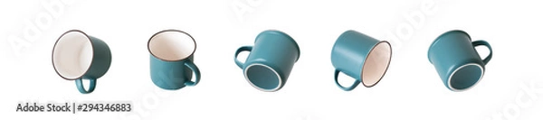 Fototapeta Empty ceramic (looks like enameled) gray-turquoise and ivory mug from different angles, a set of types. Isolated object on a white background.