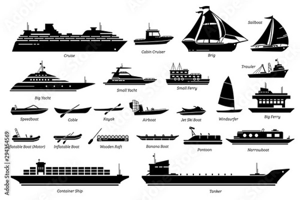 Fototapeta Lista różnych rodzajów transportu wodnego, statków i zestawów ikon. Grafika rejsów, brygów, żaglówek, promów jachtowych, trawlerów, łodzi motorowych, skuterów wodnych, windsurfingu, pontonu, kontenerowca i tankowca.